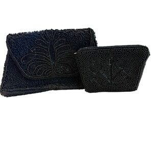 WALBORG Made in Belgium By Hand Vintage Black Beaded Clutch & Change Purse